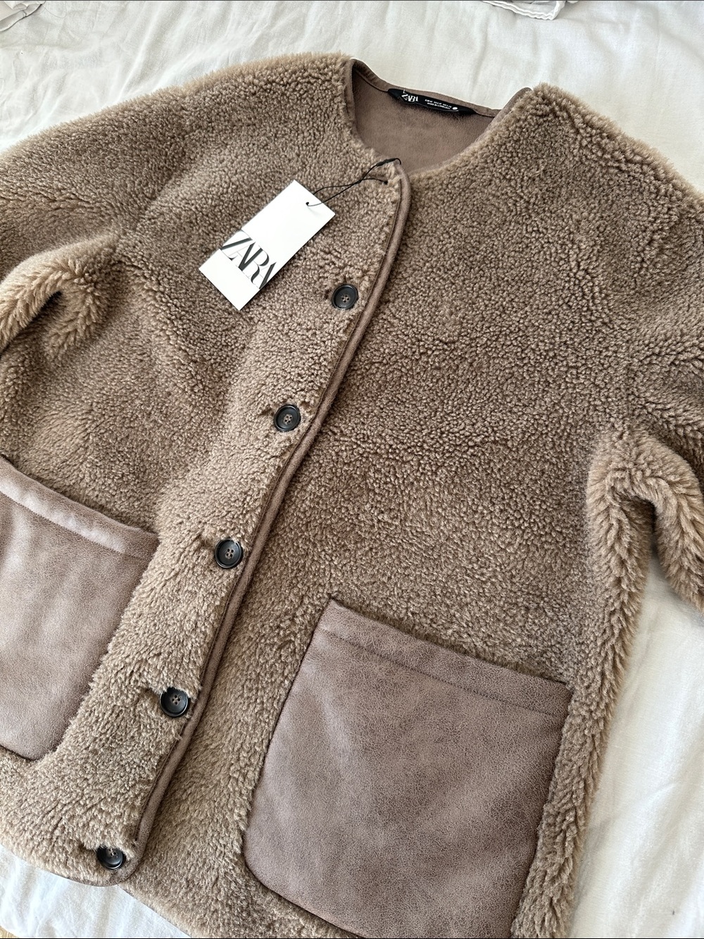 NWT Zara Taupe Plush Teddy Button Up Fleece Jacket - Picture 9 of 14